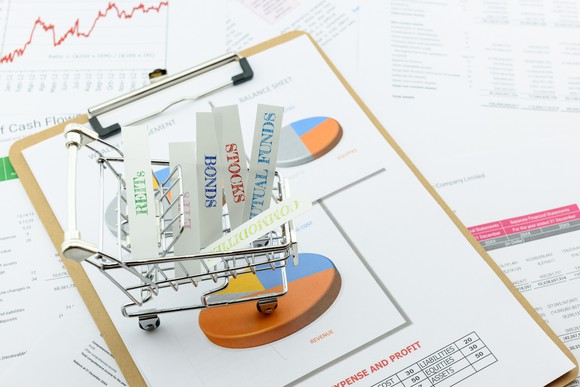 Asset allocation concept, with a shopping cart full of choices such as stocks and bonds