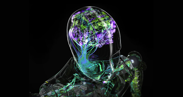 Artificial intelligence concept -- shows outline of human head with brain digitalized.