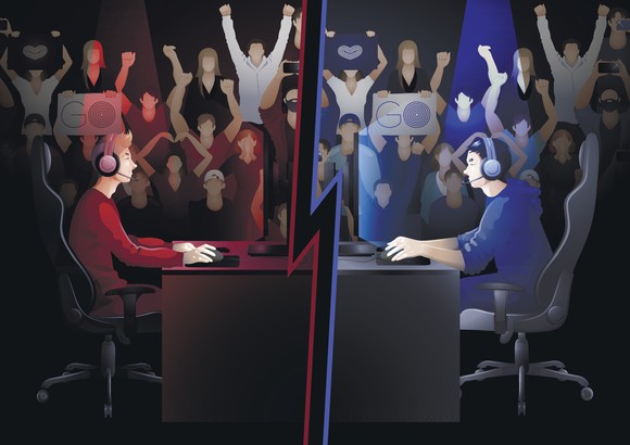 Concept of e-sports --
shows two computer gamers facing each other as spectators cheer in the background.