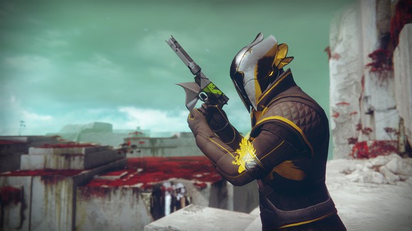 Character from "Destiny 2" holding a gun.