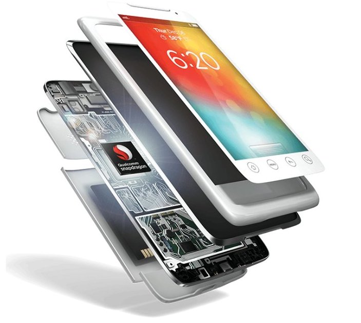 A cutaway of a smartphone revealing a Snapdragon processor inside.