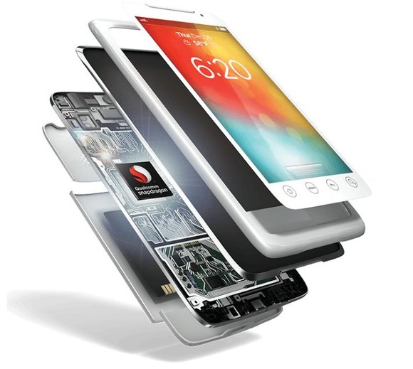 A cutaway of a smartphone revealing a Snapdragon processor inside.