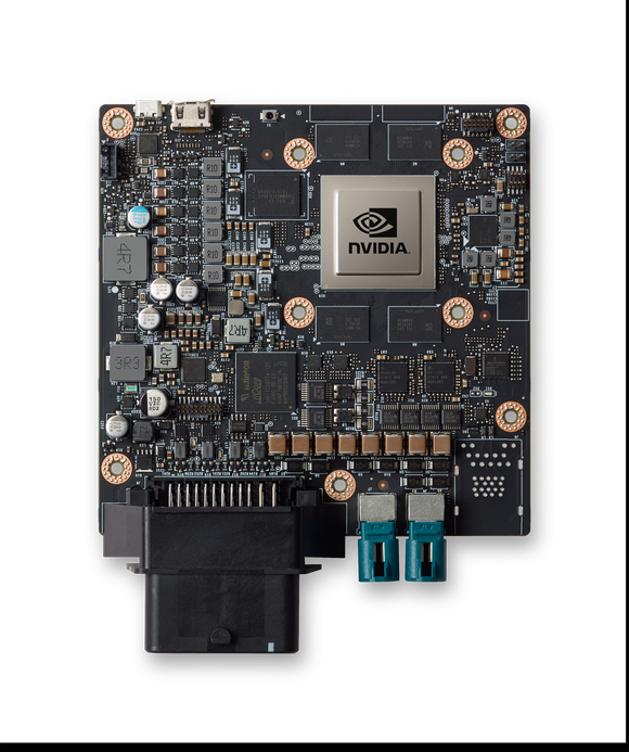 Side view of circuitry of NVIDIA's DRIVE PX 2 car computer chip.