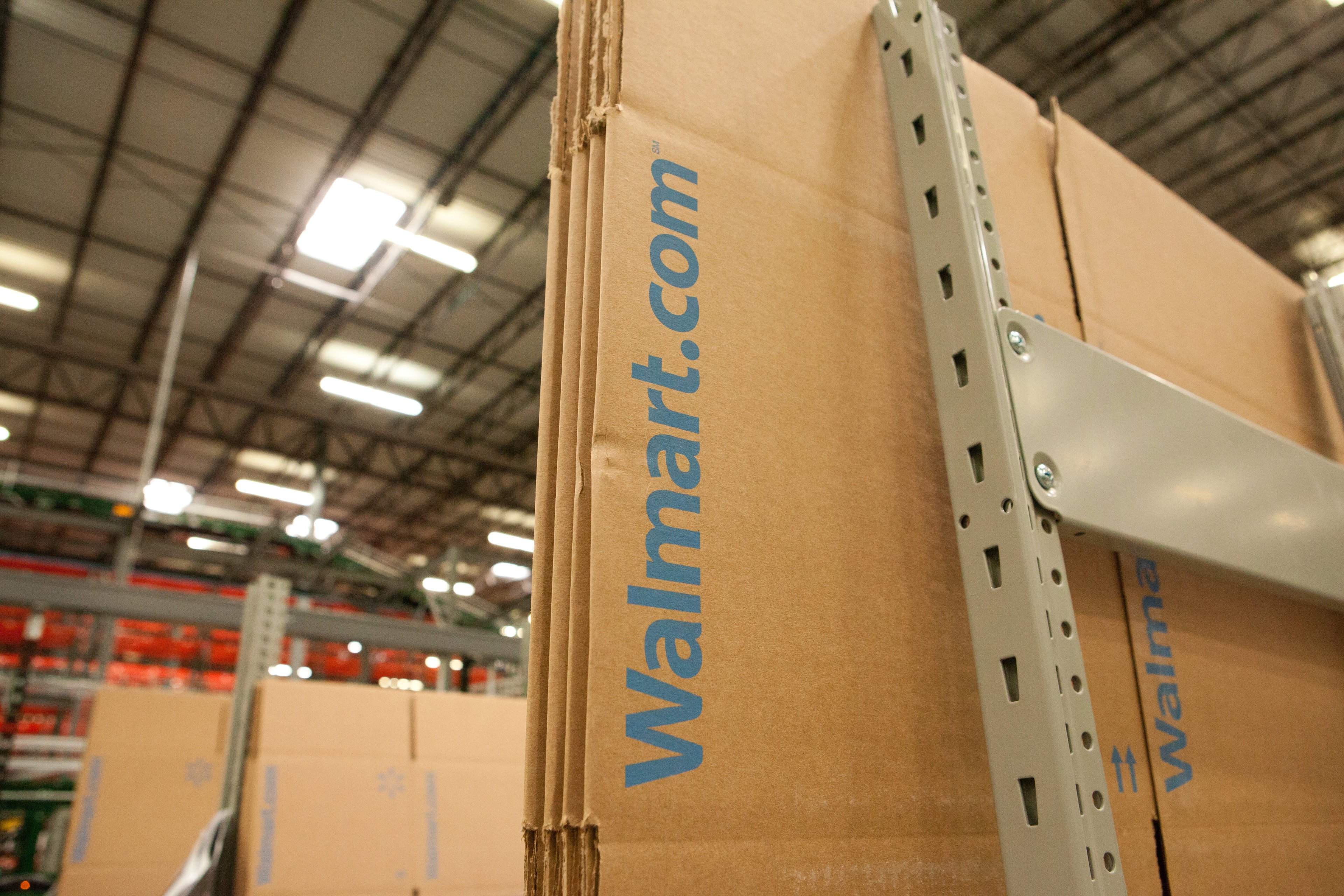 A Wal-Mart box in an e-commerce fulfillment center.