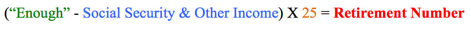 An equation showing one's level of "Enough" minus Social Security and other income, times 25.