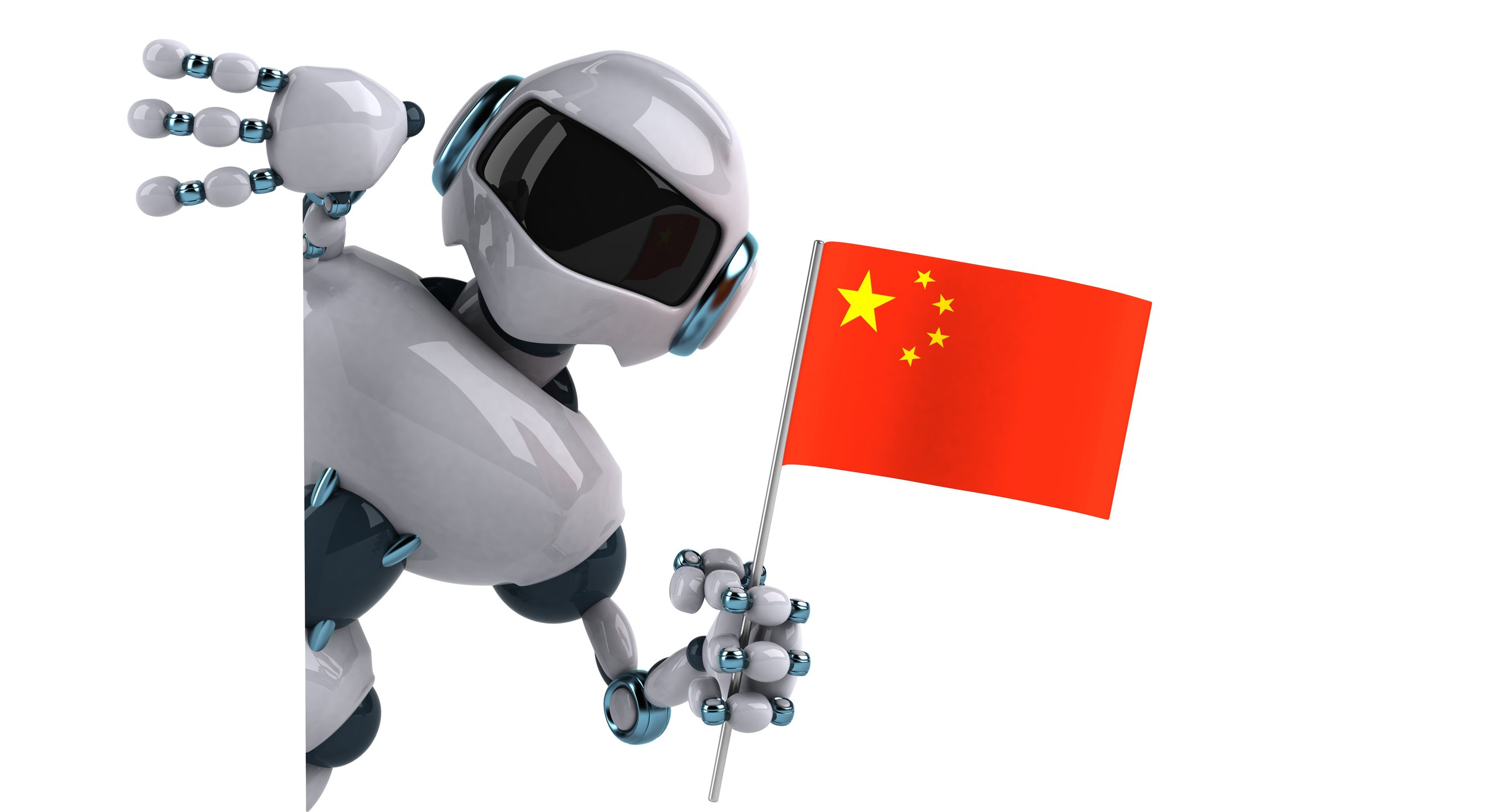A robot holds a Chinese flag.