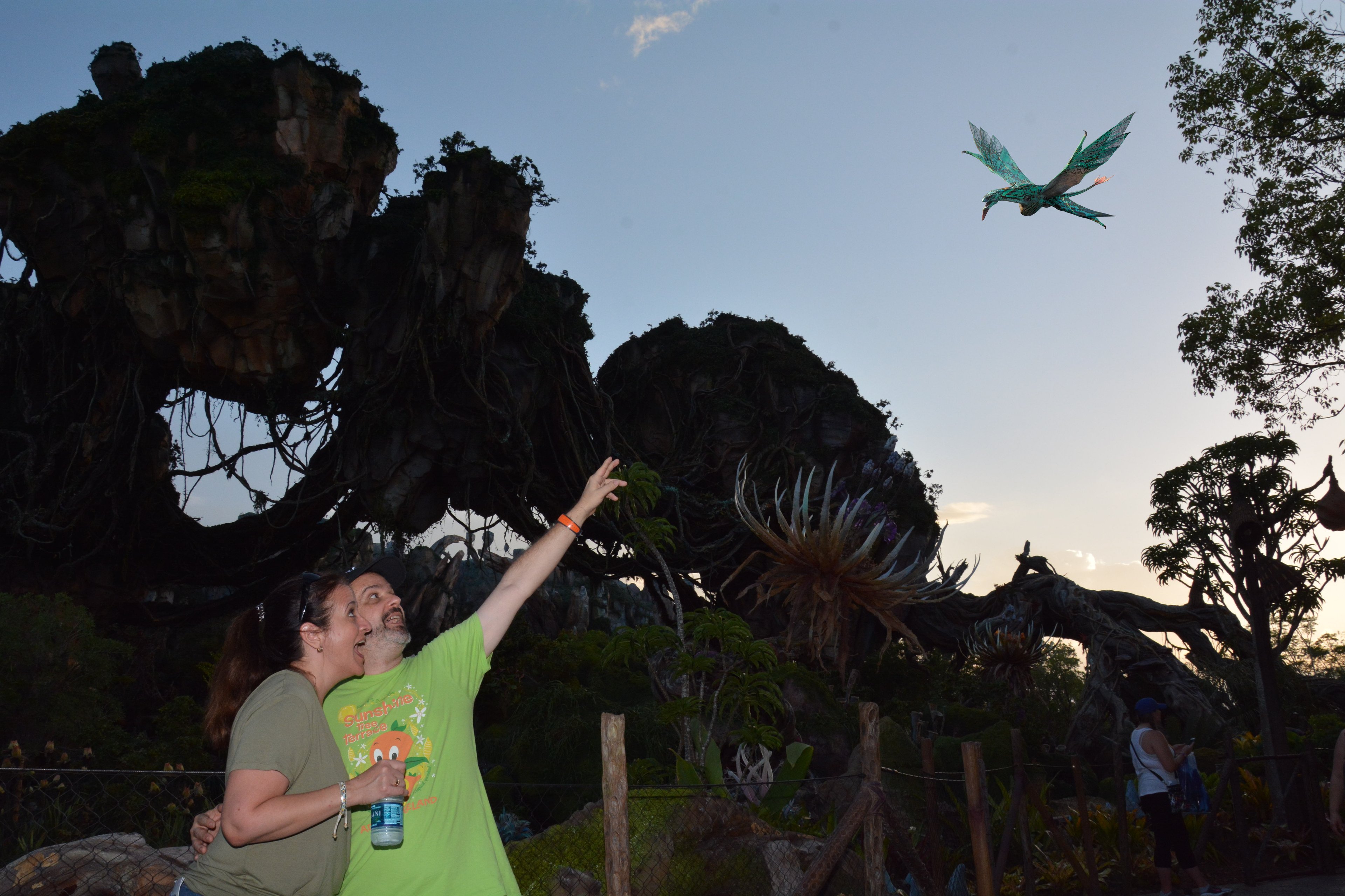 Two people at Disney's Animal Kingdom pointing at a digitally inserted banshee.