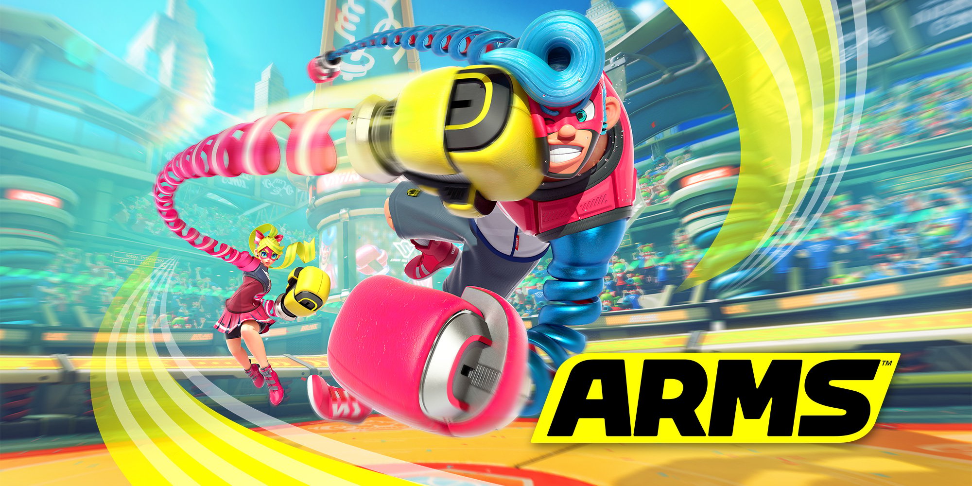 Box art of Nintendo's ARMS video game depicting one character delivering a hard punch in a cartoonish way to an opponent.