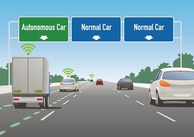 Driverless Cars Animated Three Lanes on Highway