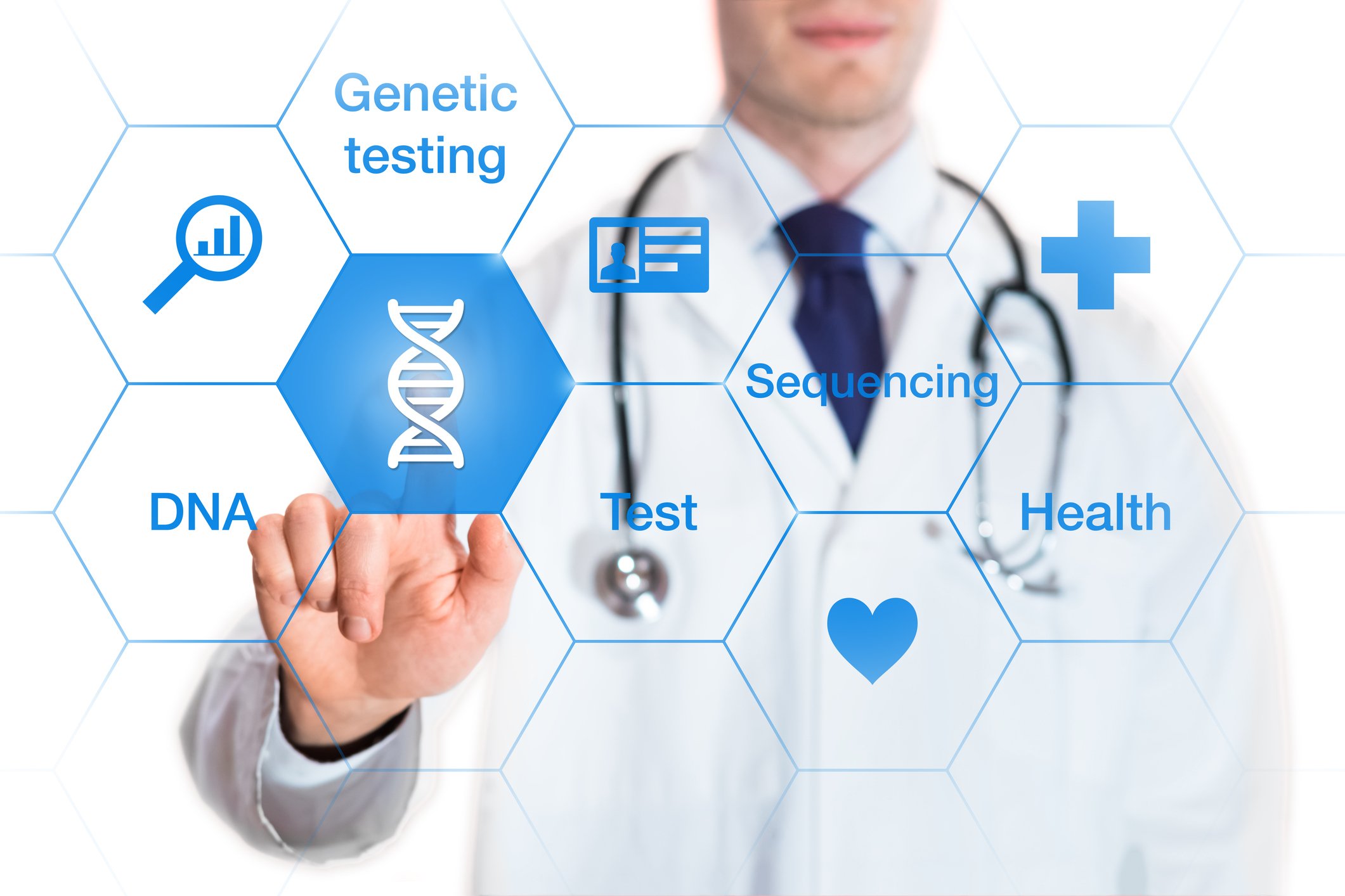 Doctor pointing to DNA icon with other genetics-related icons