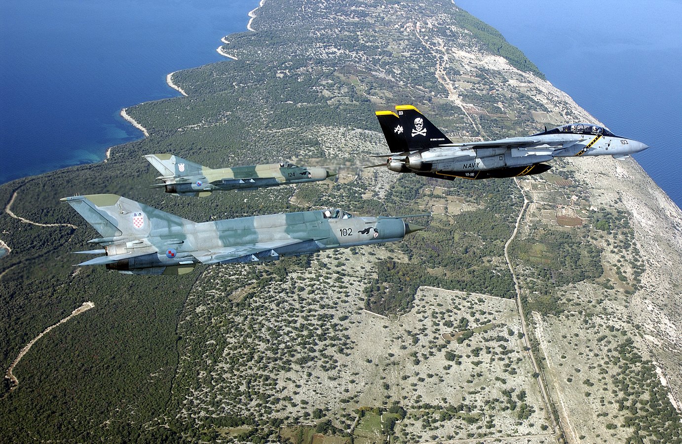 Two MiG-21s accompanying Navy F-14