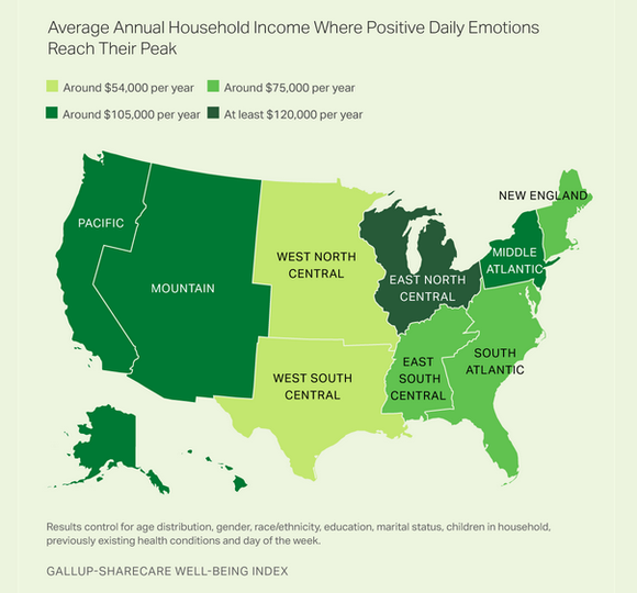 A map showing the plateau in satisfaction from income by region.