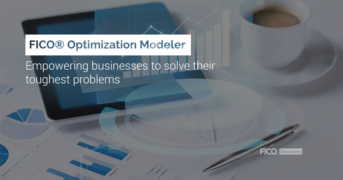 A description of FICO modeling software, with charts, a pen, a cup of coffee, and a tablet in the background.