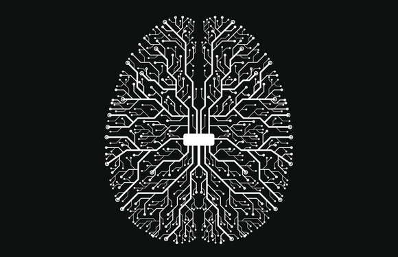 Brain graphic made out of computer circuits.