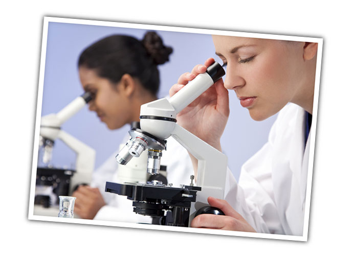 Lab worker looking into a microscope.
