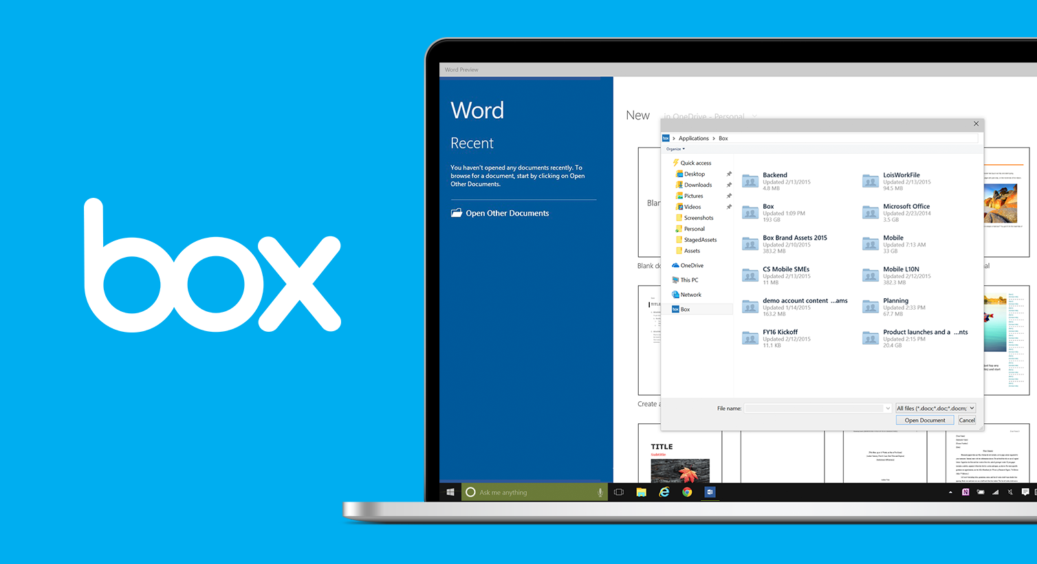The Box logo next to a Windows 10 laptop with Box integrated with Microsoft Word.