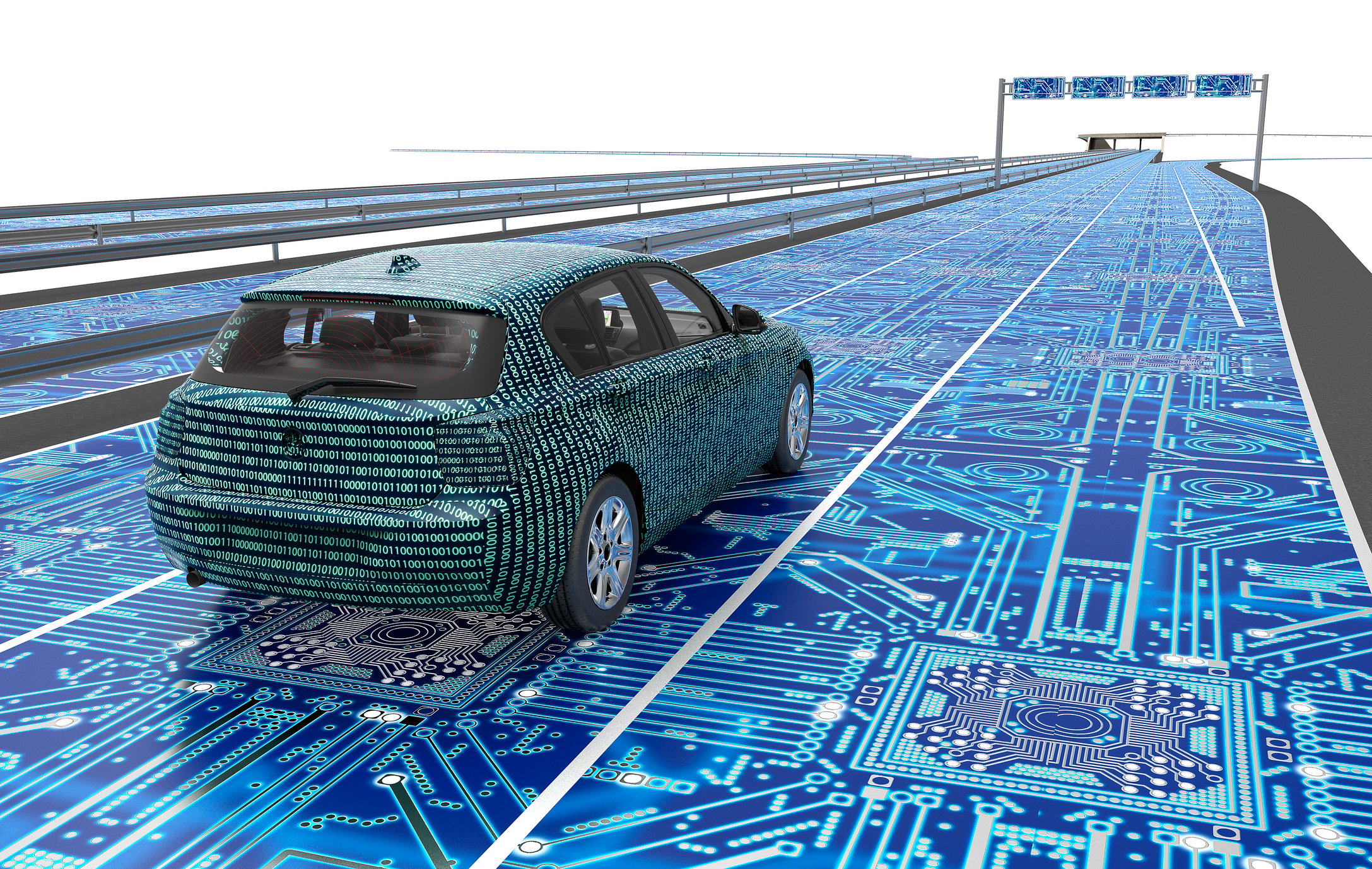 Self driving electronic computer car on road.