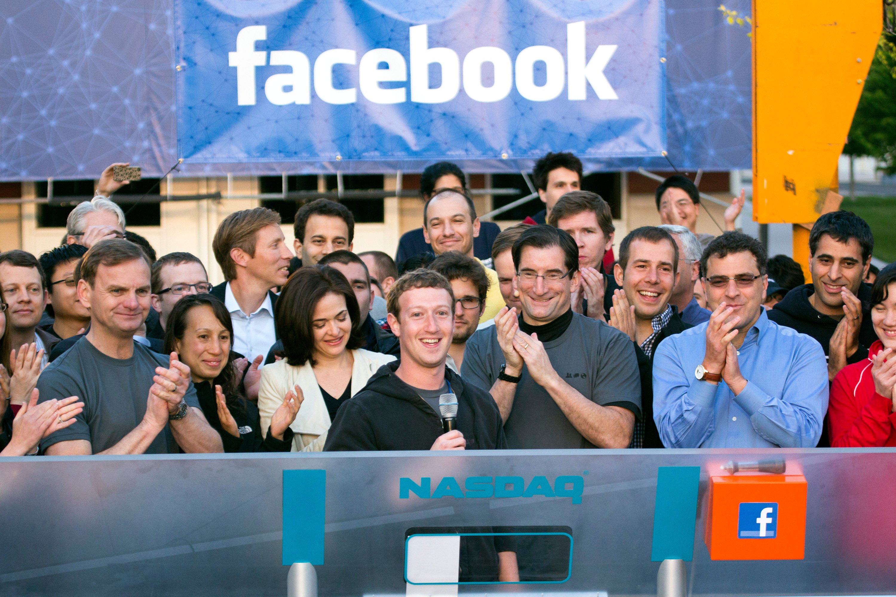 Facebook CEO Mark Zuckerberg ringing Nasdaq's opening bell.