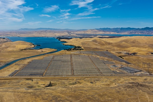 Aerial view of a utility-scale solar farm.