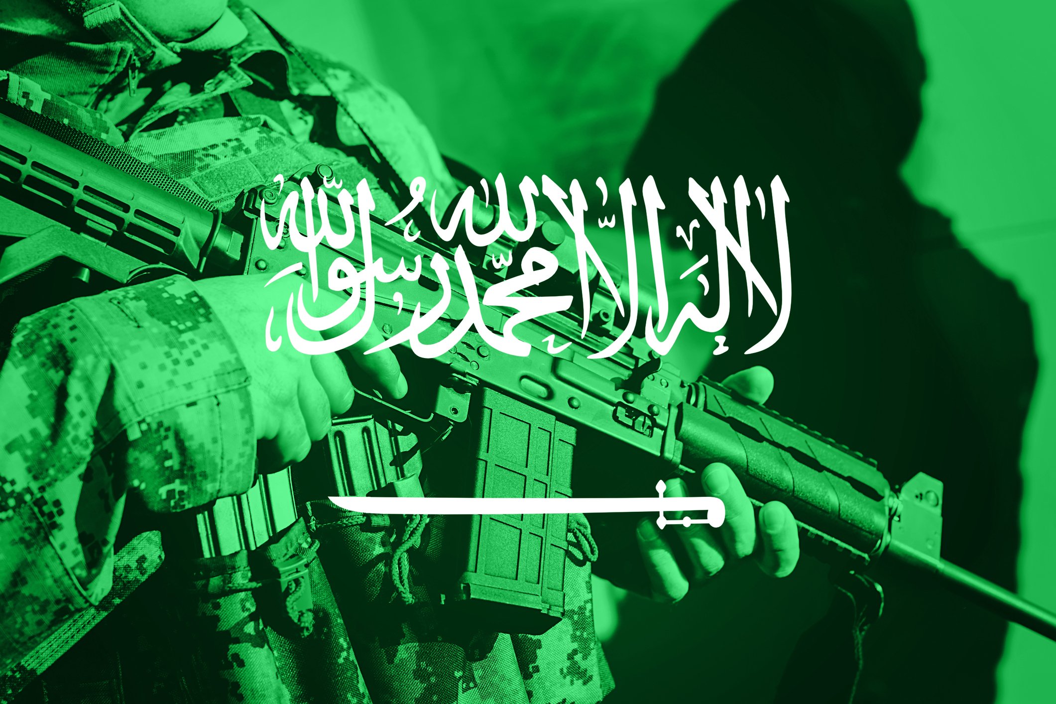 Soldier with rifle superimposed on Saudi flag