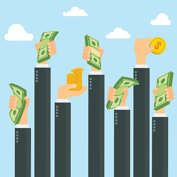 Drawing of outstretched hands holding money.