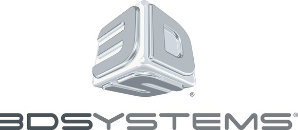 3D Systems' logo: a metal cube with a "3," a "D," and an "S" on the three sides that show with the company's name underneath. 