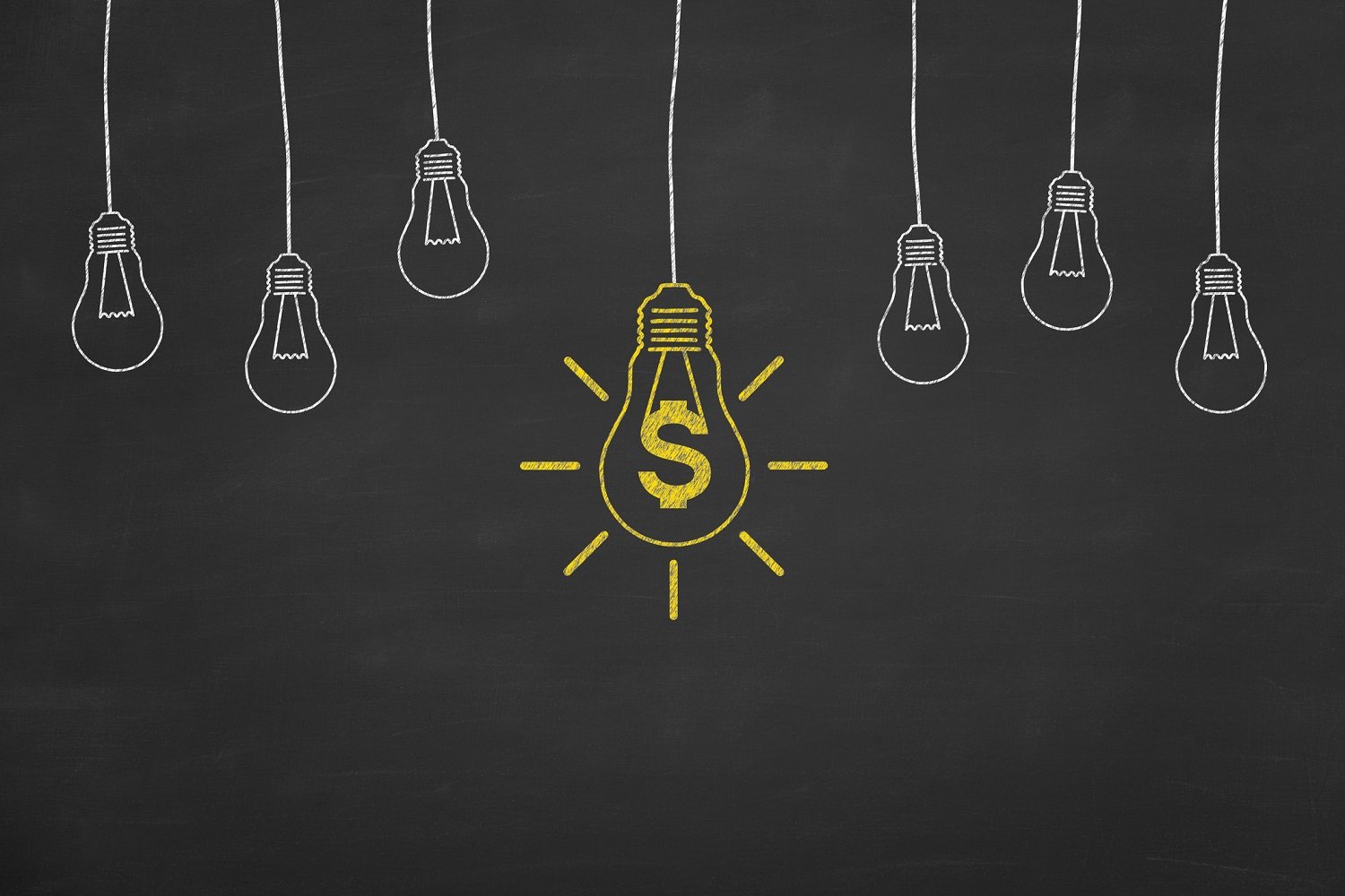 Drawing of light bulbs on a chalkboard, with one lighted up with a dollar sign. 