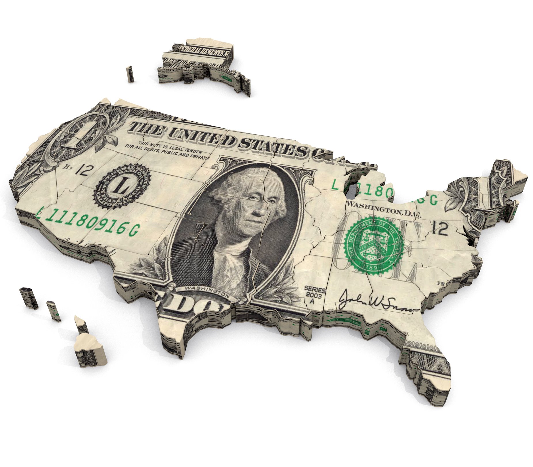 Map of U.S. made out of a dollar bill