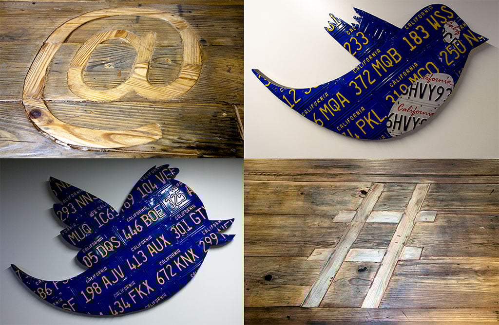 Clockwise from top left: "@" carved in wood, bird logo made from recycled California license plates, "#" carved in wood, bird logo carved from California license plates.