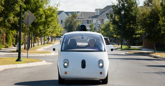 A Google self-driving vehicle in a suburban area.