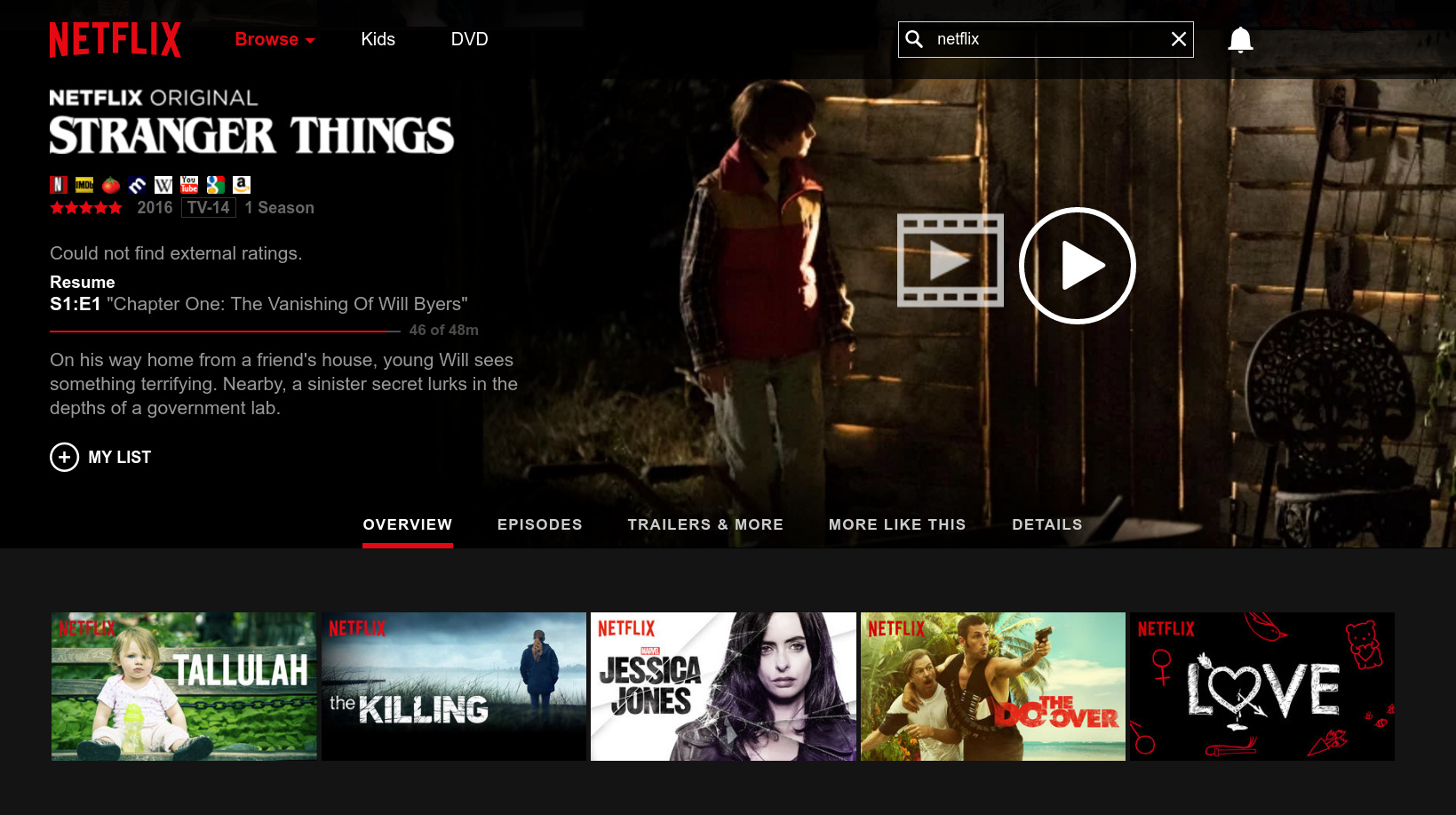 Netflix service snapshot featuring Stranger Things and other Netflix Originals.