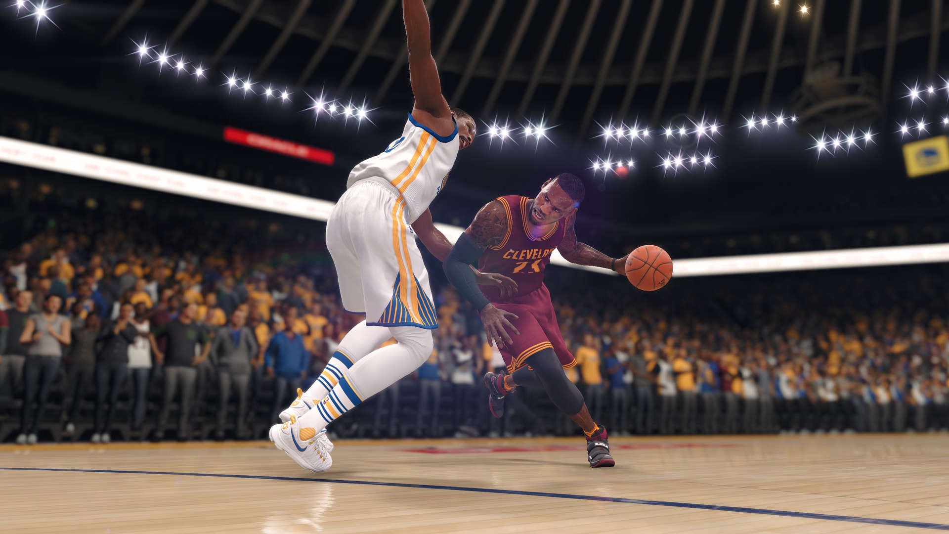LeBron James driving on a Golden State Warriors player in NBA Live 18.
