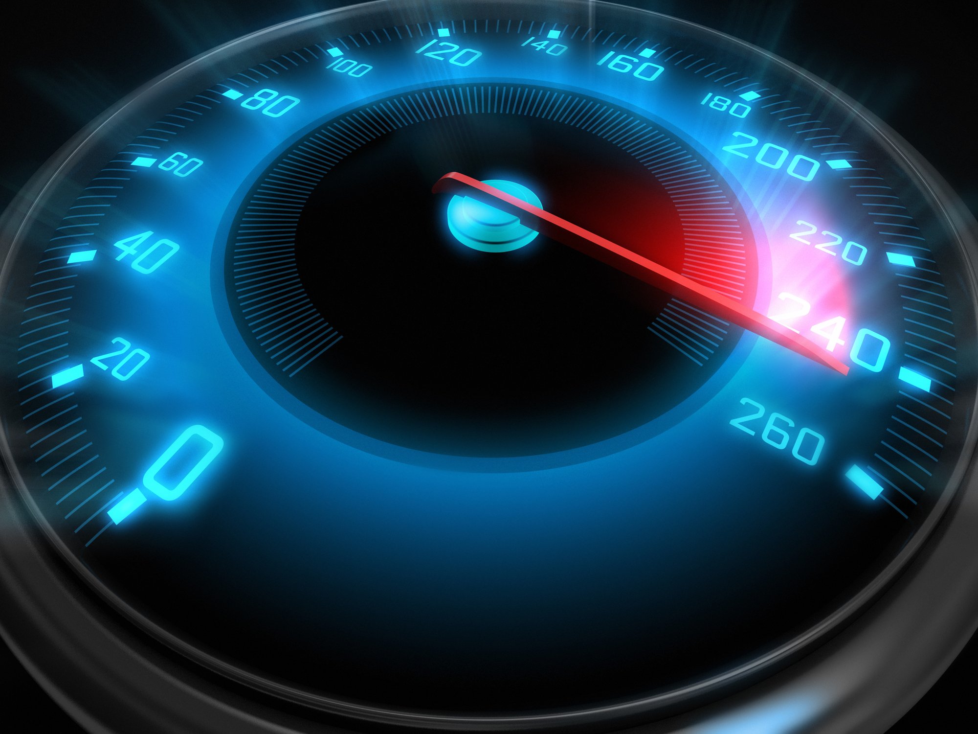 A speedometer with the dial at 240 mph.