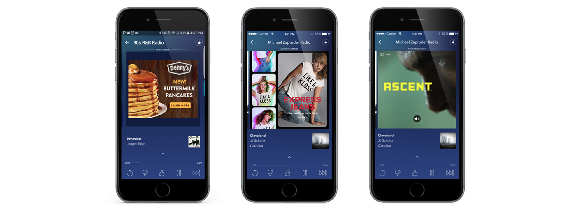 Ads on Pandora mobile phone app.