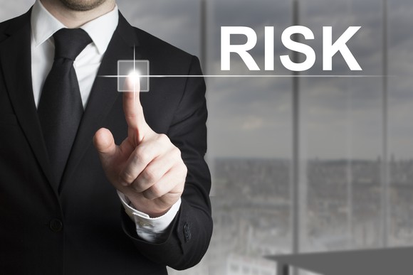 Businessman pointing with RISK on screen