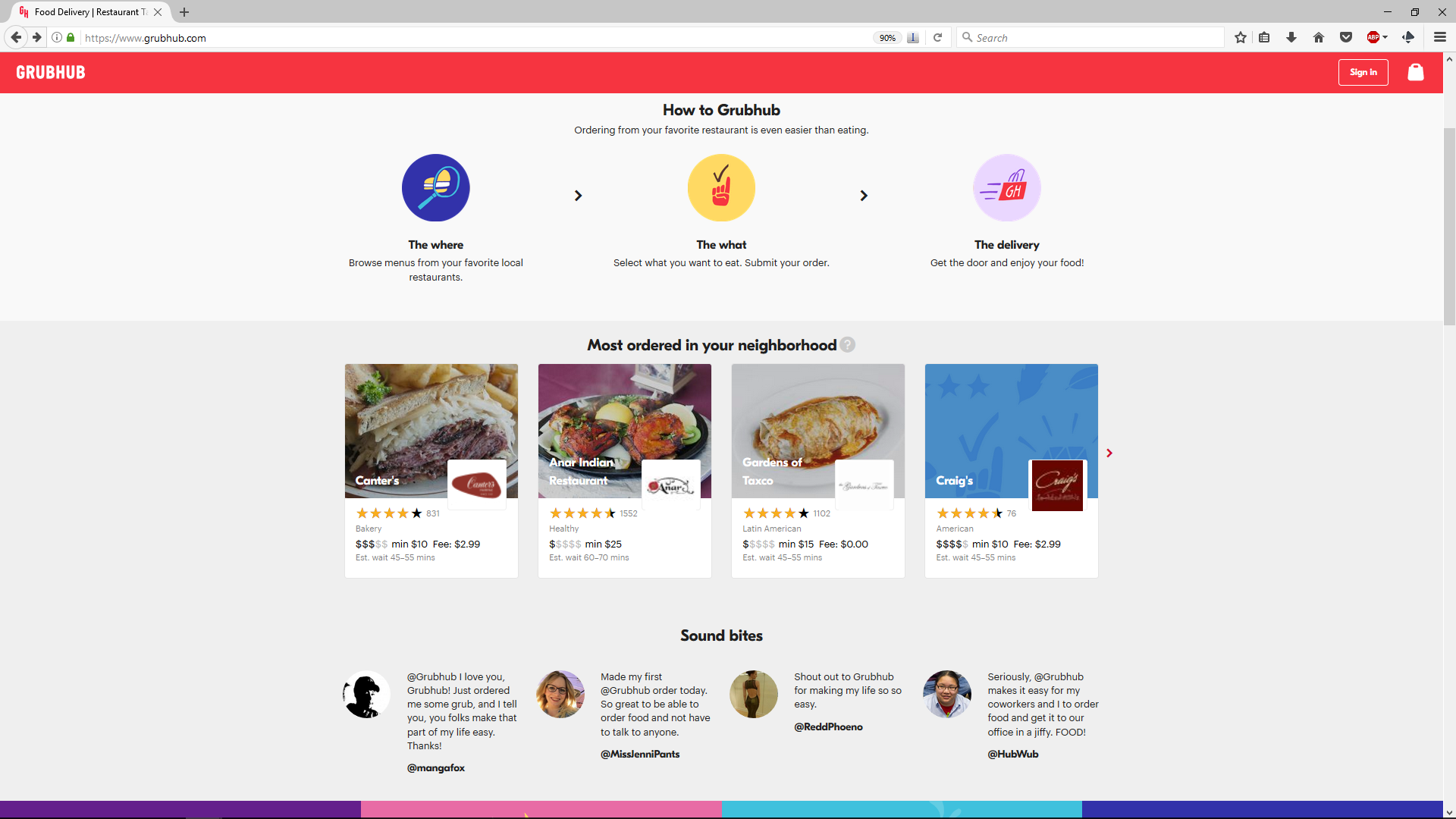 A page from the Grubhub website.