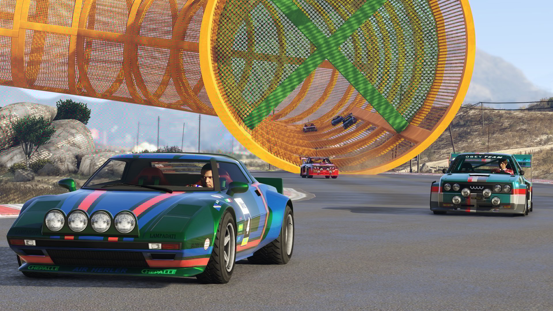 Cars racing in GTA Online: Cunning Stunts.