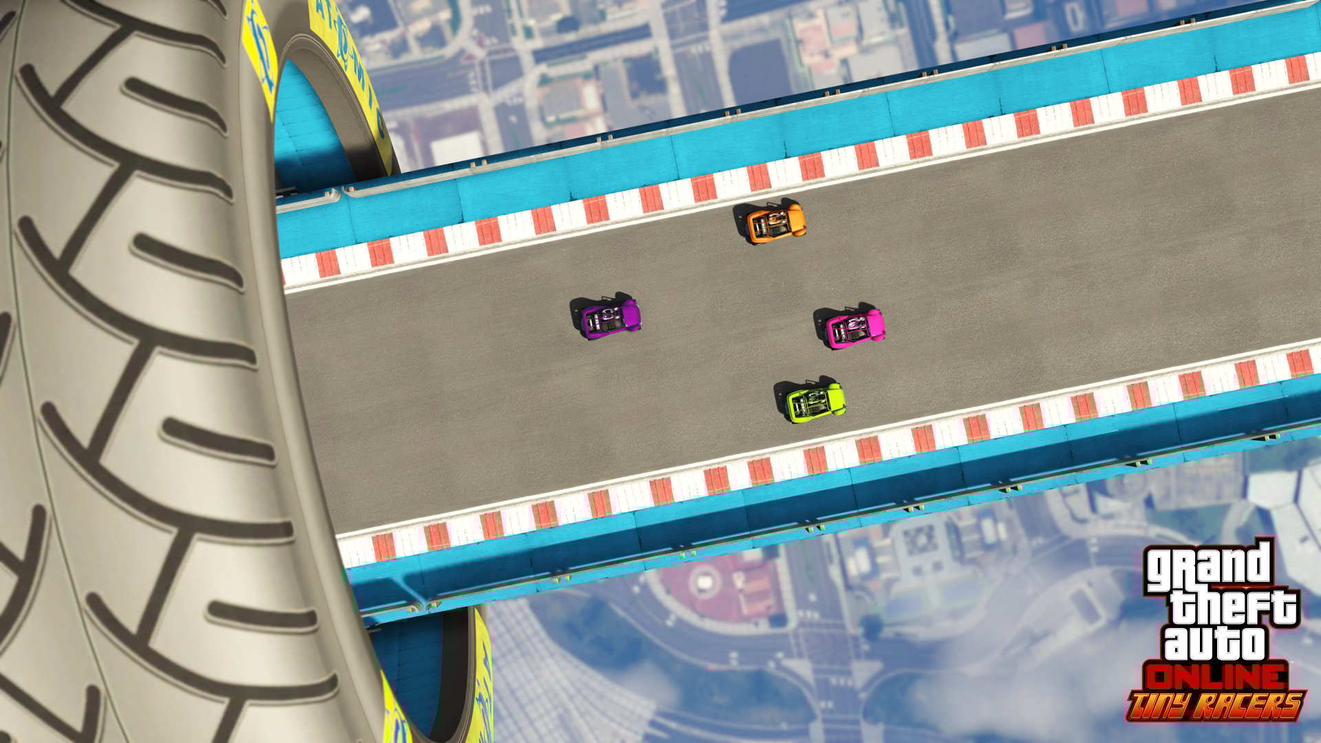 Cars racing in "Grand Theft Auto: Tiny Racers"