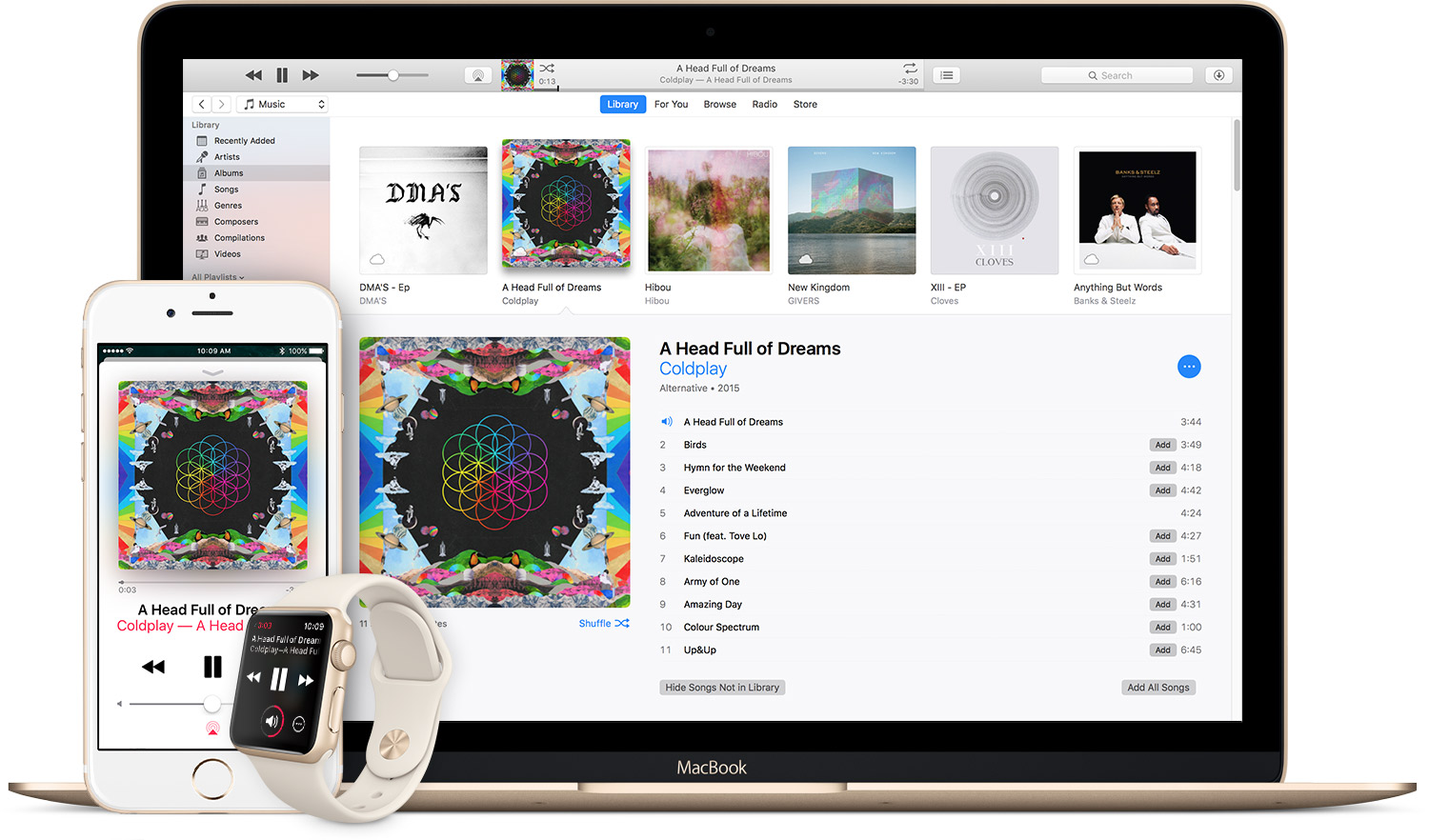 Apple Music on the iPhone, Apple Watch, and MacBook.