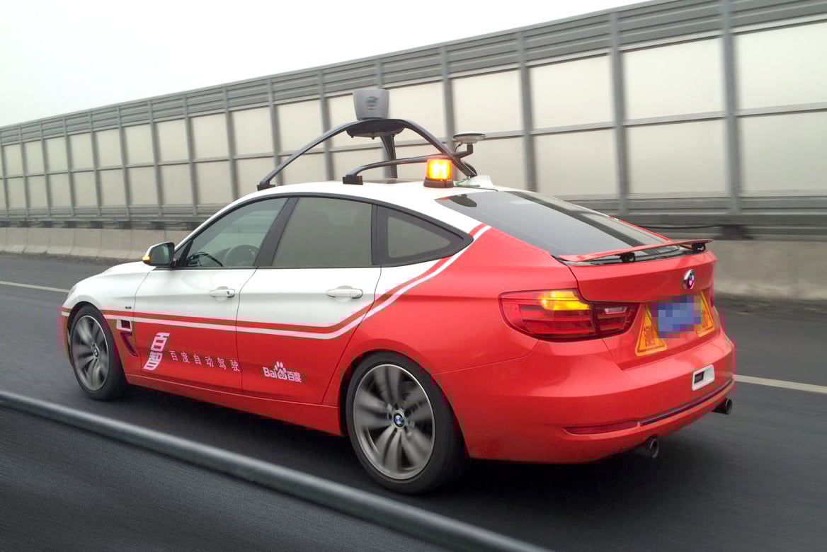 Car equipped with self driving hardware.