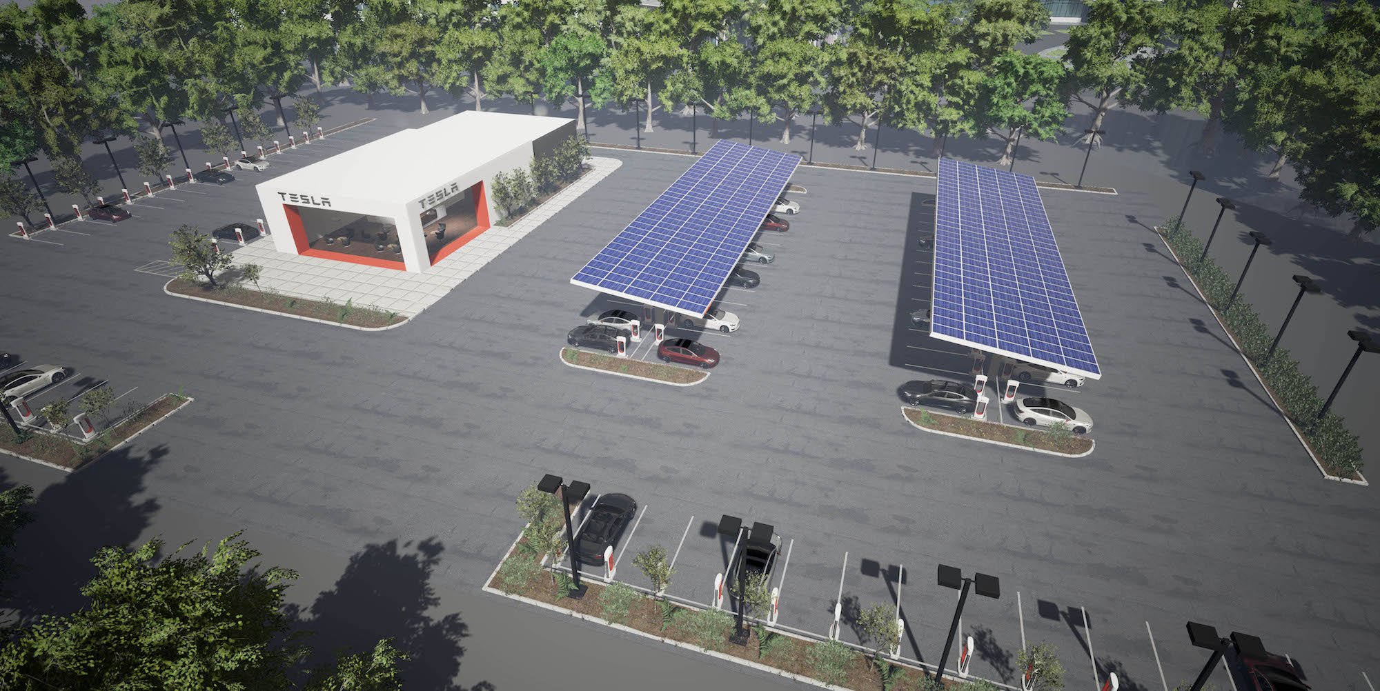 Rendering of a Tesla Supercharger station with a customer center
