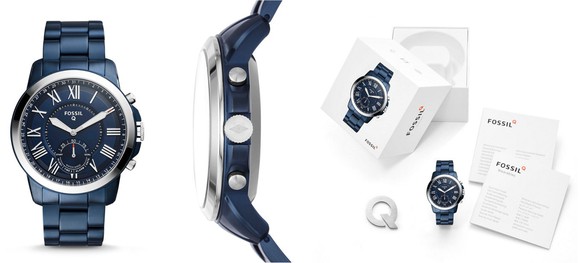 An ad featuring different angles of Fossil's Q Grant hybrid smartwatch.