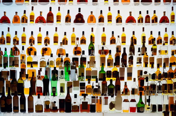Liquor bottles on a bar