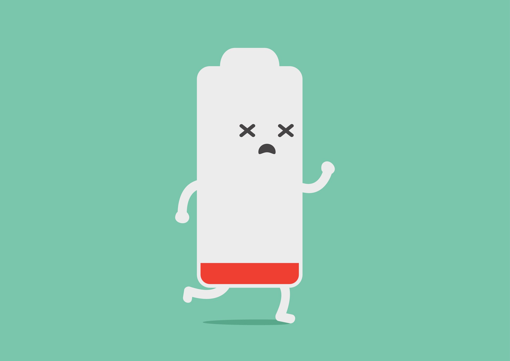 An illustration shows a battery with arms and legs running out of charge.