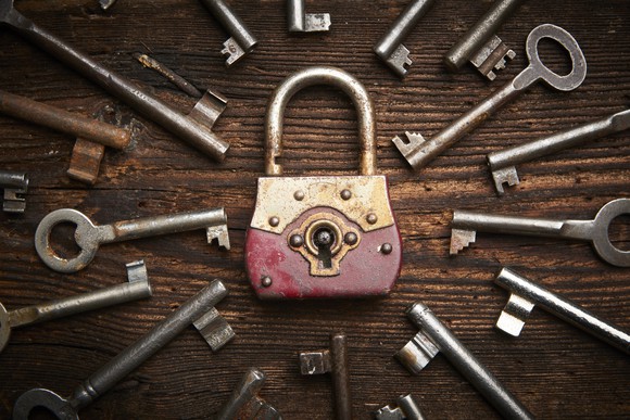 A lock surrounded by many keys