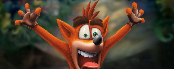 Crash Bandicoot, raising his arms in the air.