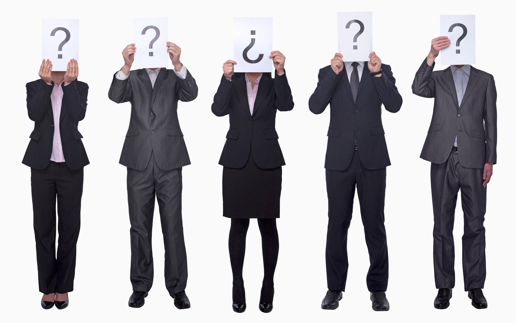 Five people holding question marks