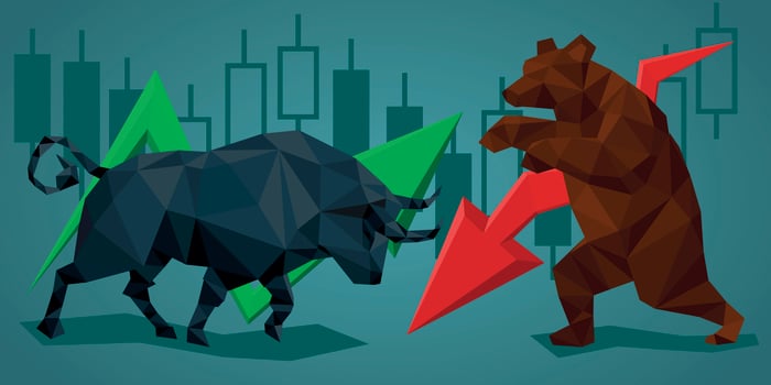 Cartoon of stock market bull and bear