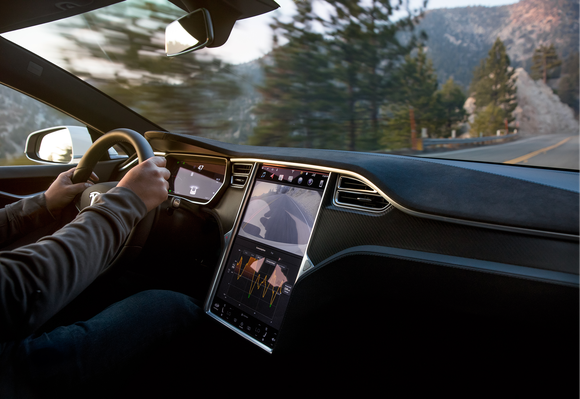 A Model S interior, while driving in the mountains.