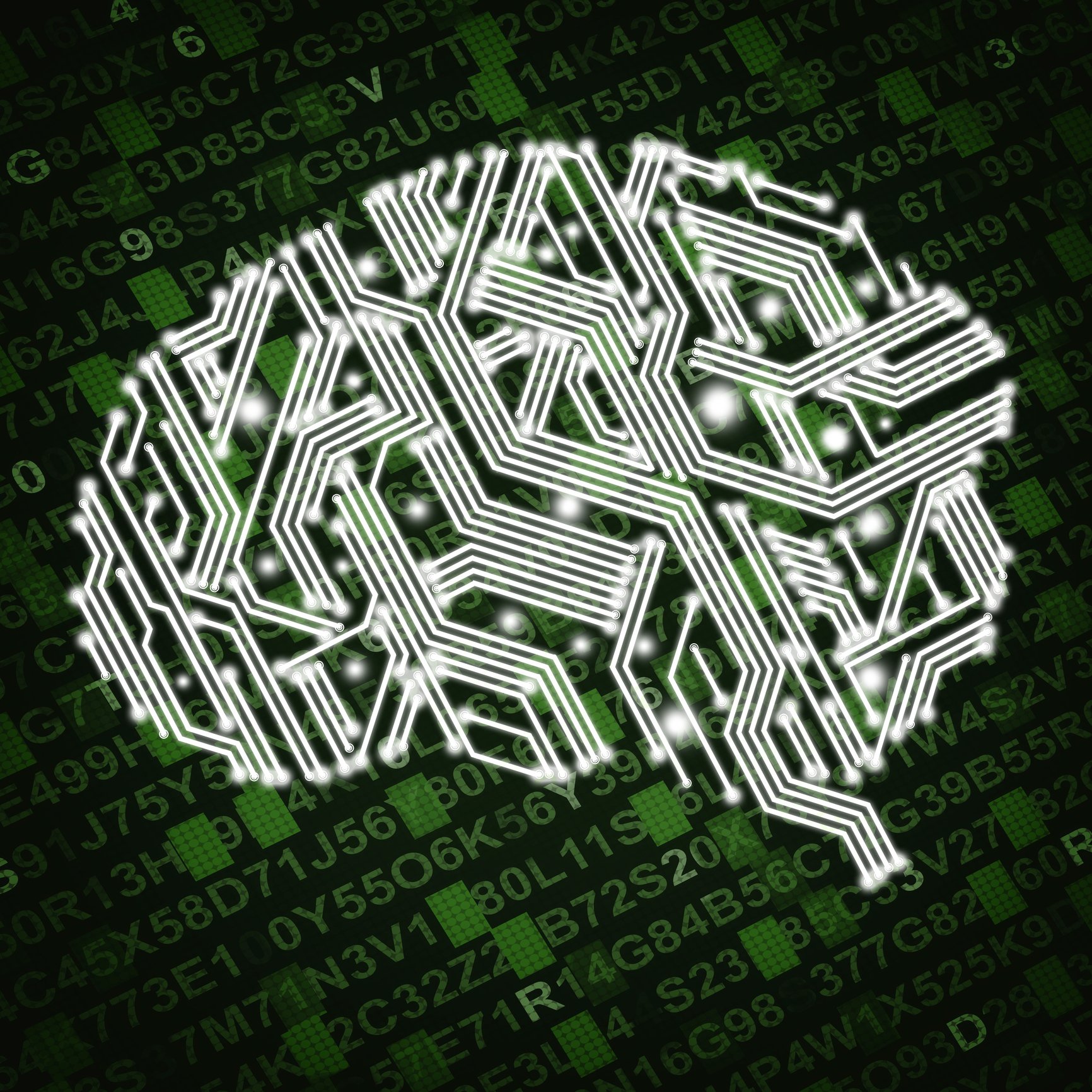 Illustration of circuit board in human brain form.